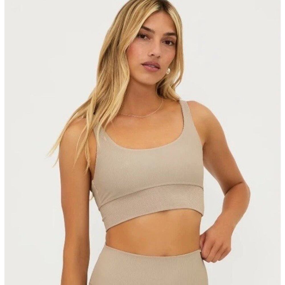 NWT Beach Riot Leah Top Ribbed Sports‎ Bra Top Scoop Neck Cropped Taupe Large